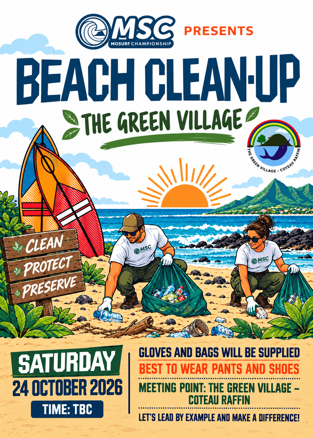 Mo Surf Green Village beach clean-up poster: Saturday 24 October 2026, Coteau Raffin, time to be confirmed