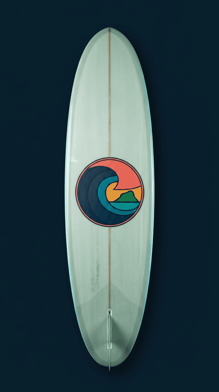Mid-length surfboard, deck up