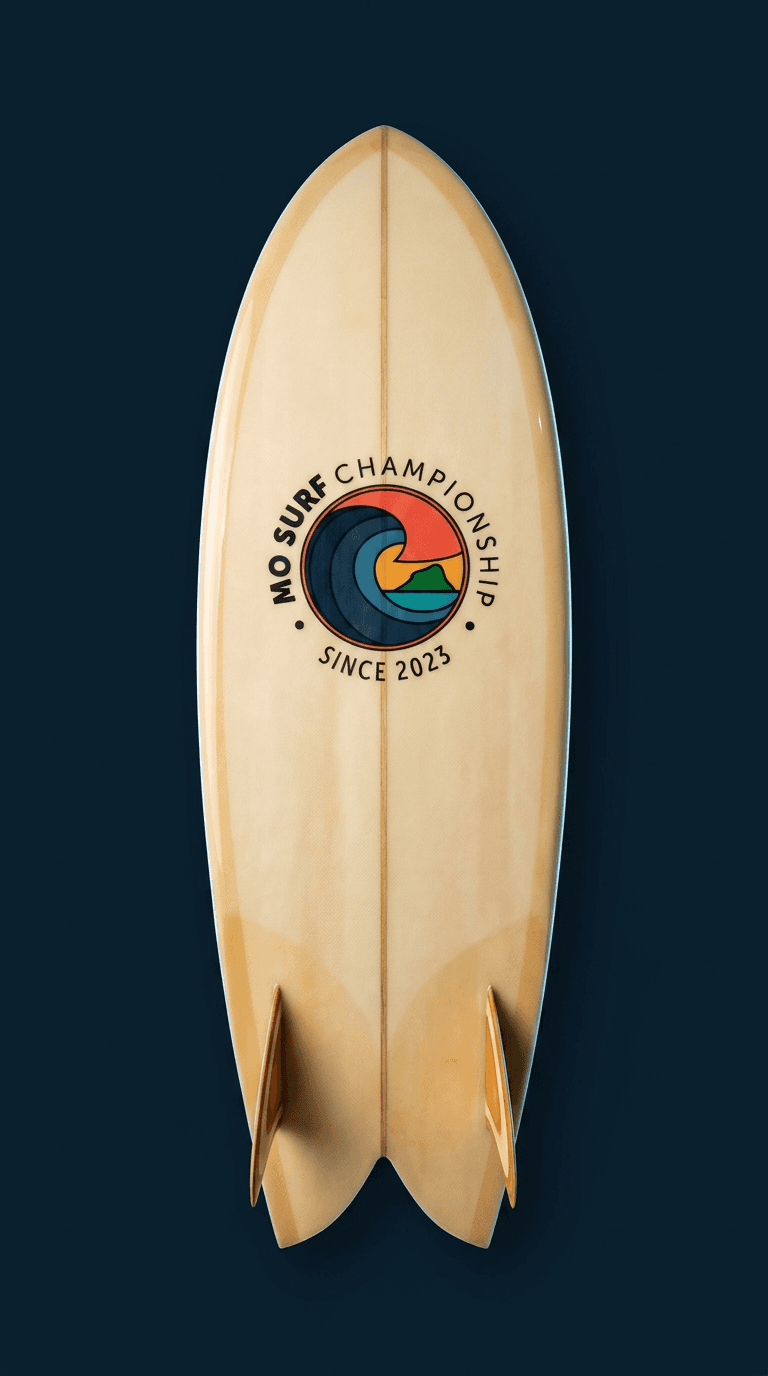 Retro fish surfboard, deck up