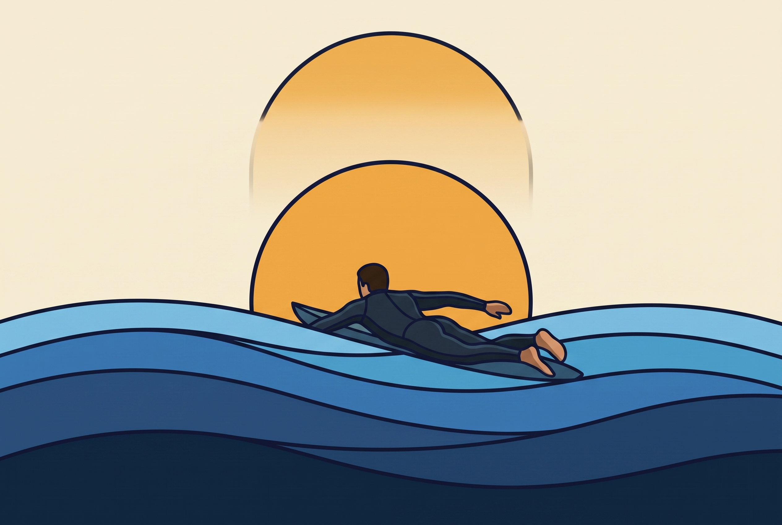 Illustration of a surfer paddling out at dawn