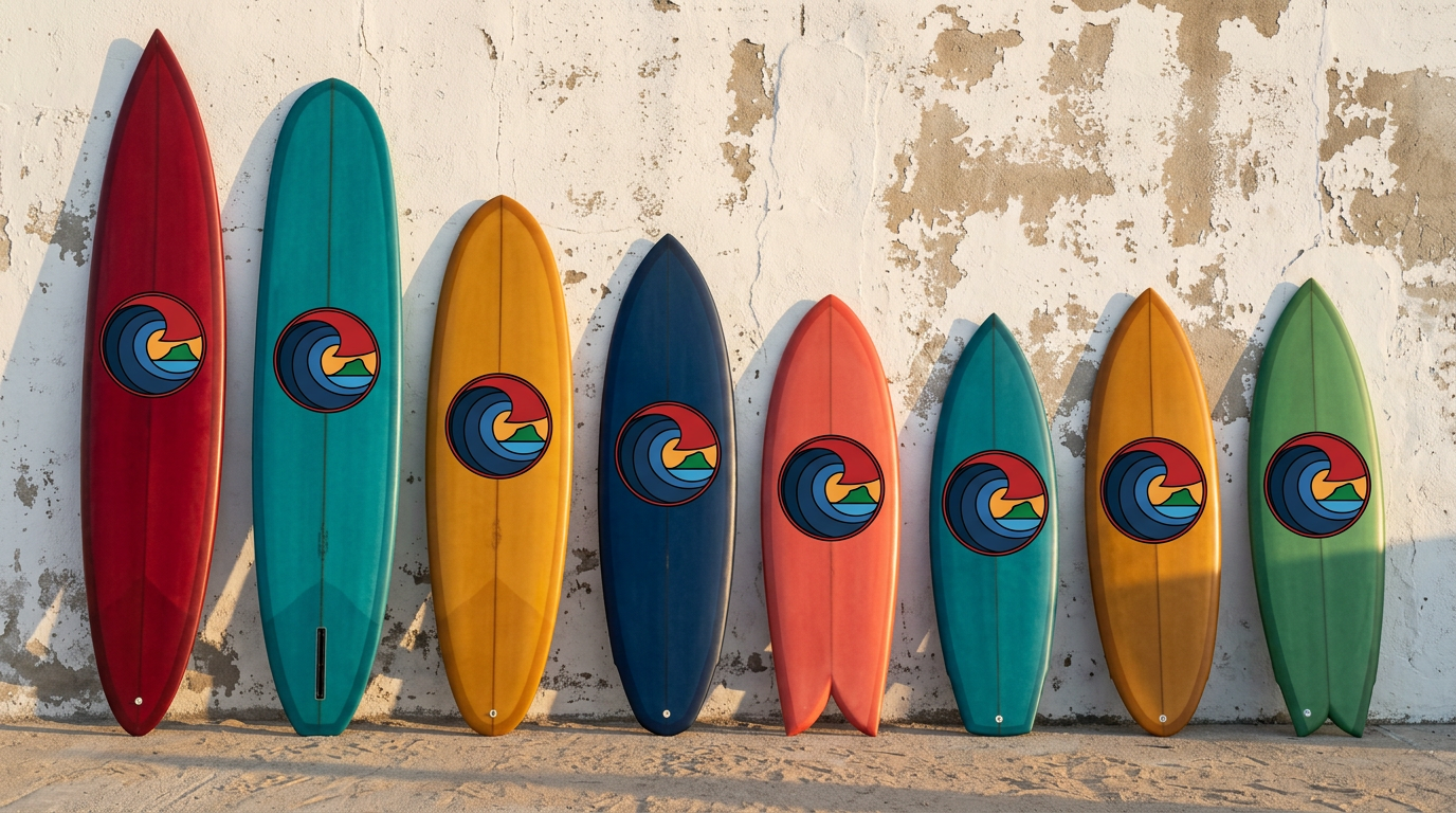 A quiver of eight surfboards of different shapes leaning against a wall